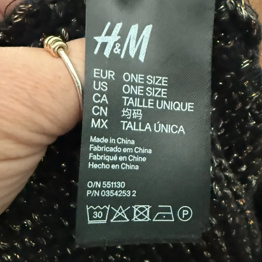 NWOT H&M Silver and Golden Metallic Black Beanie and Mitten Set